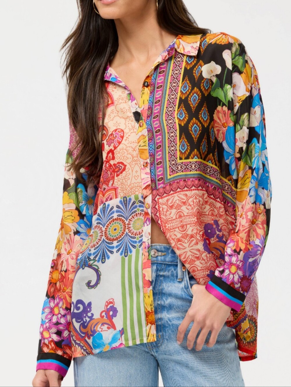 NEW wTag sz M JOHNNY WAS Audrey Magnolia patchwork print silk shirt